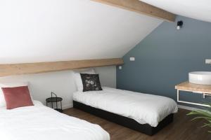 two twin beds in a room with blue walls at Met de Kippen op Stok - Vakantiehuisjes in Baexem +56 photos