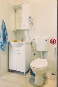 een badkamer met een wit toilet en een wastafel bij Hristovi apartments in Skopje