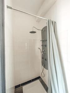 y baño con ducha y cortina de ducha. en Superbe T2 avec cours, en Carmaux