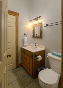 een badkamer met een wastafel, een toilet en een spiegel bij Blue Spruce . Trailside Lodging in Millersburg