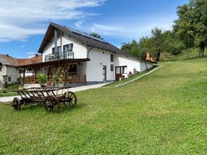 een wit huis met een picknicktafel ervoor bij Casa Alex in Curtea de Argeş