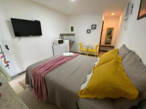 a bedroom with a bed and a tv on the wall at Suite Lua - Residencial Vivas in Praia do Forte
