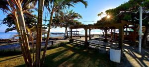 - une plage avec un pavillon, des palmiers et l'océan dans l'établissement Sobrados de FRENTE PRO MAR Canasvieiras., à Florianópolis