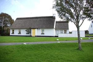 a white house with a tree in the grass at Ballyvaughan Cottages in Ballyvaughan