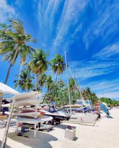 eine Gruppe von Booten, die an einem Strand mit Palmen geparkt sind in der Unterkunft Ci-Ritorno View in Maafushi