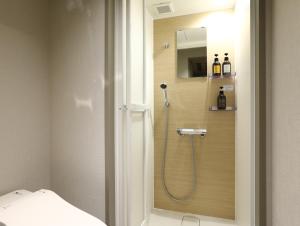 a bathroom with a shower with a sink and a mirror at Hotel Wing International Korakuen in Tokyo