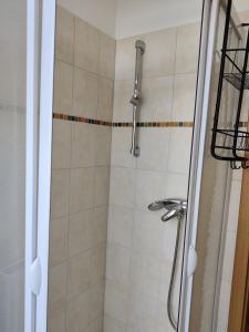 a bathroom with a shower with a tiled shower at Crampas 1 in Sassnitz +12 photos