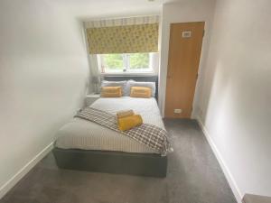 a small bedroom with a bed with two yellow pillows at Paisley Central Apartment in Paisley