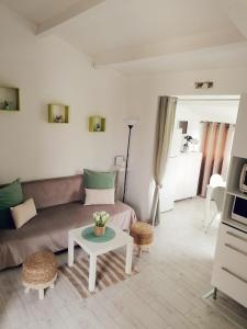 a living room with a couch and a table at Appartement La Pinède in Gruissan