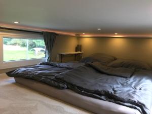 a large bed in a bedroom with a window at Tiny-House Reinsdorf in Apelern