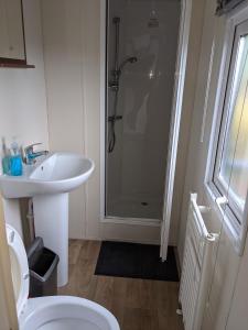 uma casa de banho com um chuveiro, um lavatório e um WC. em Gloria Stay - Aberystwyth Caravan em Aberystwyth