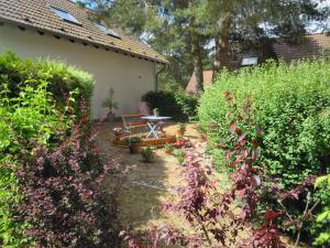 a garden with a table and some bushes at Lenzer Parkblick am Plauer See in Lenz