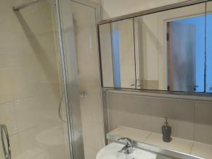 a bathroom with a shower and a sink and a mirror at Room in Luxurious Penthouse Apartment in London