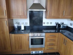 a kitchen with wooden cabinets and a stove top oven at Room in Luxurious Penthouse Apartment in London