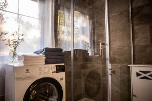 a washing machine in a bathroom next to a window at Lawendowe Pole - Domek Lawendowy in Nowe Kawkowo +8 photos