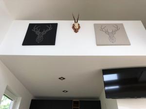 tres fotos de ciervos en el techo de una habitación en Skrundas namiņš en Skrunda