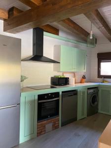 a kitchen with green cabinets and a stove top oven at EL PAJAR DE LEONOR in Horcajuelo de la Sierra