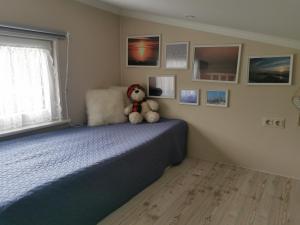 a teddy bear sitting on a bed in a bedroom at Sapņi in Kolka