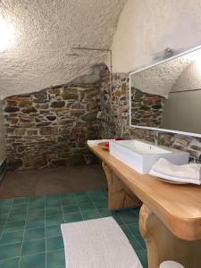 baño con lavabo y pared de piedra en Appartamento immerso nel cuore del parco dell Adamello, en Cimbergo