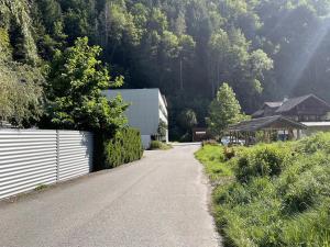 a dirt road next to a house and a mountain at Ferienwohnung Herold in Bartholomäberg
