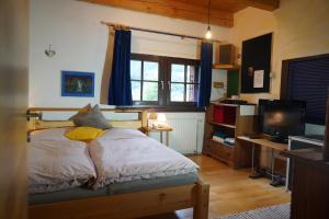 una camera con letto, TV e scrivania di Wohnstudio in umgebauter Scheune a Altlassing