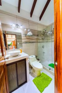 W łazience znajduje się umywalka, toaleta i prysznic. w obiekcie Casa Blossom - Beach Paradise Retreat w mieście Puerto Viejo