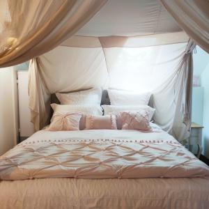 a bedroom with a large bed with a canopy at Au cheval blanc in Gommegnies