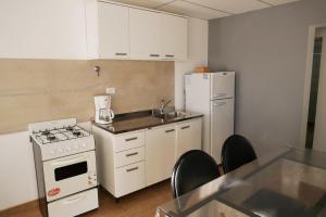 a small kitchen with a stove and a refrigerator at Mosha Departamentos in Trevelín