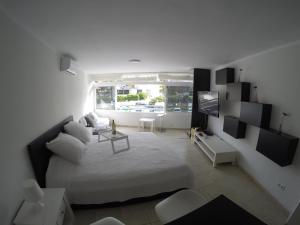 ロス・クリスティアーノスにあるStudio Los Cristianos Beachのベッドルーム1室(ベッド1台付)、リビングルームが備わります。