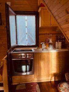 a kitchen with a stove and a window in a cabin at Vikendica Rajsko selo in Kolašin