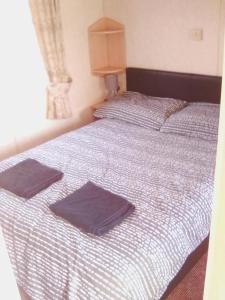 ein Bett mit zwei Kissen darauf in einem Schlafzimmer in der Unterkunft Cosy Chalet Mobile Home in Dingle