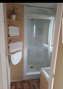 a glass shower in a bathroom with towels at Mobil home in El Palmar