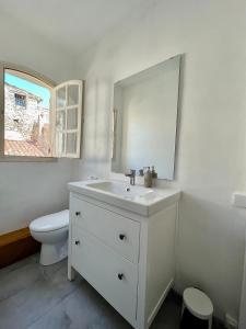 a bathroom with a sink and a toilet and a mirror at Maison & Jardin Coeur Luberon classé 4 étoiles in Peypin-dʼAigues +17 photos
