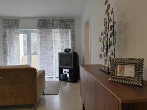 uma sala de estar com um sof� e uma TV em Altavista Penthouse T2 na Covilh�