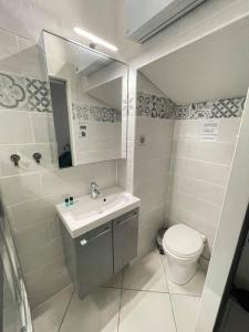 een badkamer met een wastafel, een toilet en een spiegel bij Lehena in Saint-Jean-de-Luz