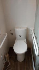 a bathroom with a white toilet in a bathroom at B&B du Cerisier, diner sur demande in Noyers