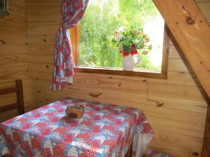 a room with a table and a vase with flowers in a window at Hospedaje Las Gardenias in Lago Puelo
