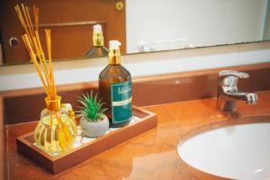 a bathroom sink with a bottle of alcohol and plants at Apto Panorâmico 3 quadras da Rua Coberta in Gramado +12 photos