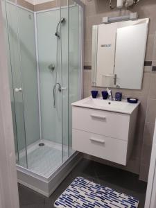 ein Bad mit einer Dusche, einem Waschbecken und einem Spiegel in der Unterkunft Appartement Moulinet in Moulinet