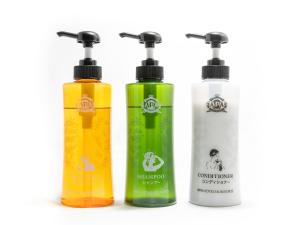 a group of four different bottles of shampoo at APA Hotel Nambaminami Daikokucho Ekimae in Osaka