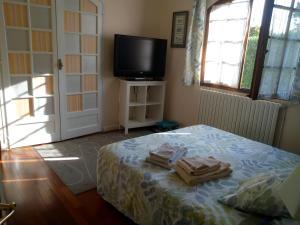 Schlafzimmer mit einem Bett, einem TV und einer Tür in der Unterkunft L'Orangine in Le Bouscat