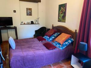 a bedroom with a purple bed with pillows on it at La Tuilerie 1860 in Biaudos