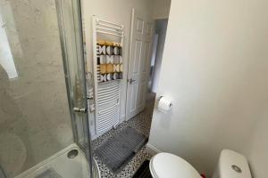 a bathroom with a shower and a toilet and a door at Rosevale Apartment in Hawick