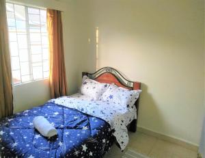 um quarto com uma cama com um edredão azul e uma janela em Twende Nanyuki Homes em Nanyuki