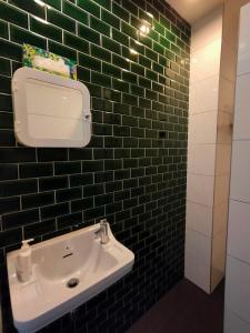 a bathroom with a sink and a green tiled wall at Familie- en Groepsverblijf Het Voorhuis in Loon op Zand +23 photos