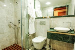 un bagno con doccia, WC e lavandino di Hotel Erguvan - Special Category a Istanbul Altre 108 foto