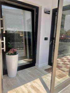 a sliding glass door with a potted plant in front of it at EL AGAVE DE MERESE APARTAMENTO in Las Toscas