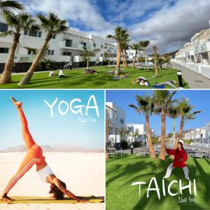 een collage van foto's van een vrouw die yoga doet op het strand bij Island Home Fuerteventura in Corralejo