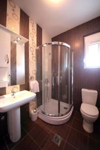 a bathroom with a shower and a toilet and a sink at Apartments Aleksandra in Podgorica
