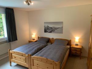 2 camas en un dormitorio con 2 lámparas en las mesas en Apartment Erlenrain Wohnung 722E by Interhome, en Engelberg